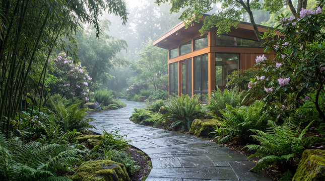 Serene garden path with slate pavers leading to a modern wooden pavilion