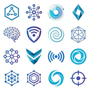 set blue Set of modern blue technology and data network icons, abstract logos and symbols interface lines marketing