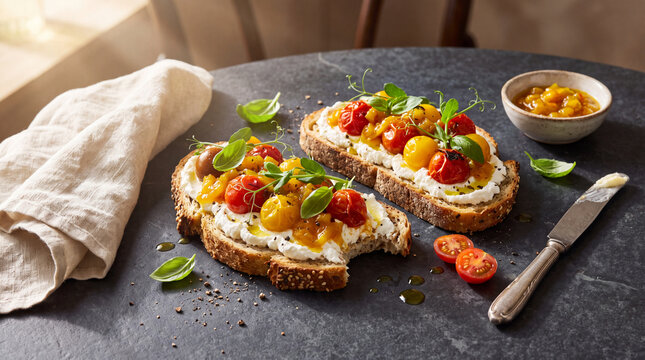 Gourmet ricotta toast with roasted cherry tomatoes and basil