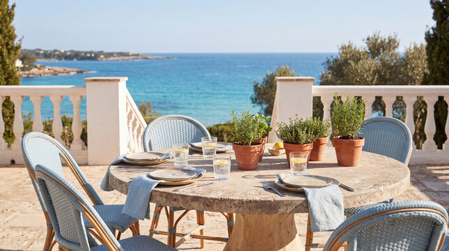 Outdoor dining table overlooking the blue sea on a sunny terrace