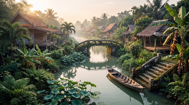 Serene tropical village river with traditional wooden houses and a stone bridge
