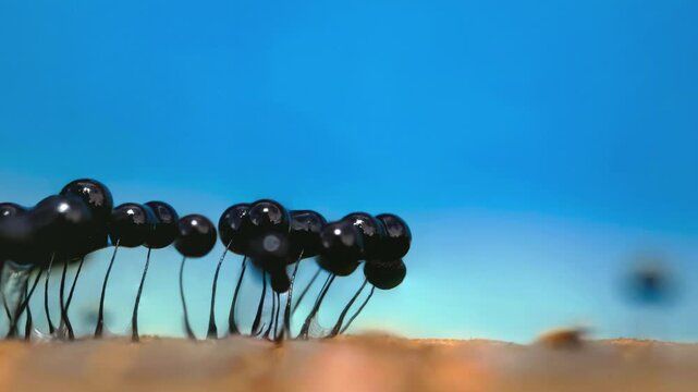 Black spherical slime mold sporangia on thin stalks, extreme macro against blue background