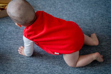 A small baby wearing a bright red fleece vest crawling on a textured grey carpet at home © BETTLE prod
