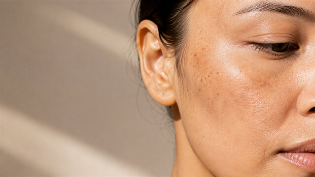 Close-up of woman&rsquo;s face showing natural skin texture and freckles. Skincare and beauty portrait. Dermatology, complexion and facial care. Authentic skin and self-care concept