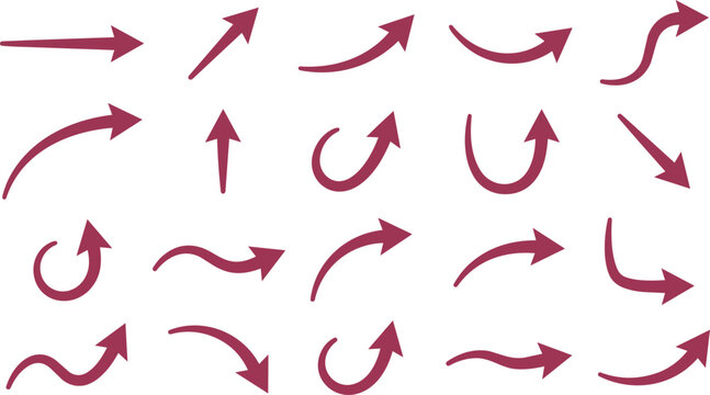 Collection of maroon curved and straight arrows on a white background