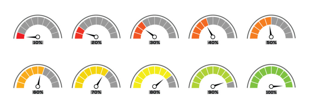 Speedometer, gauge meter set.Progress percentage meter. Progress gauge meter icon set with speedometer indicators and percentage dashboard.