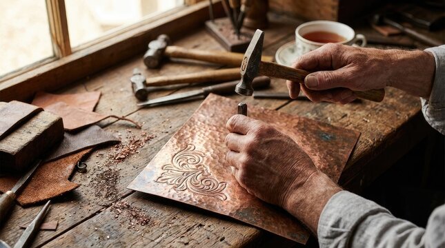 Coppersmith Hands Embossing Floral Pattern on Metal Sheet in Workshop