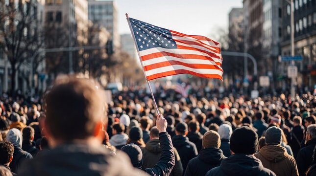American Flag Waved by Crowd During City Protest Rally