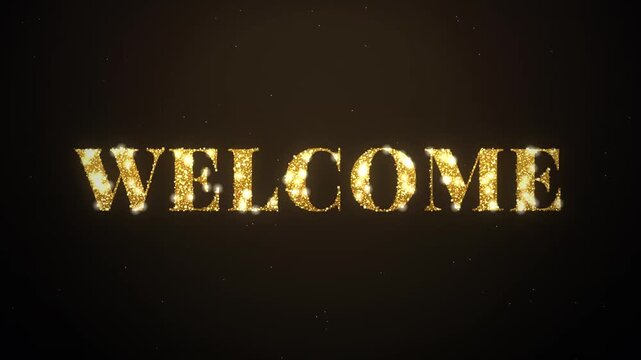 Elegant gold glitter welcome text animation with sparkling particles on dark background