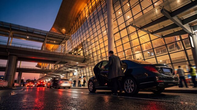 Businessman Getting into Luxury Car at Airport Terminal