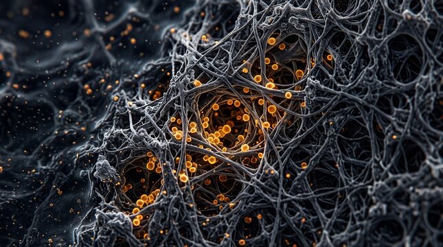 SEM View of Nanoparticles Trapped in Nanofiber Mesh