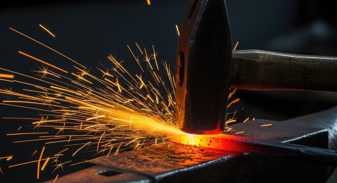 Blacksmith hammer striking glowing red hot metal on anvil.