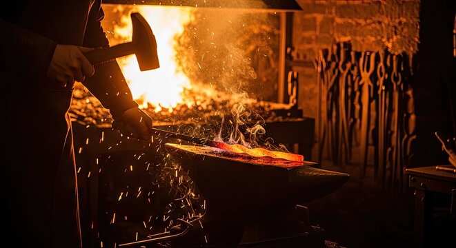 Blacksmith forging hot iron on anvil in dark workshop.
