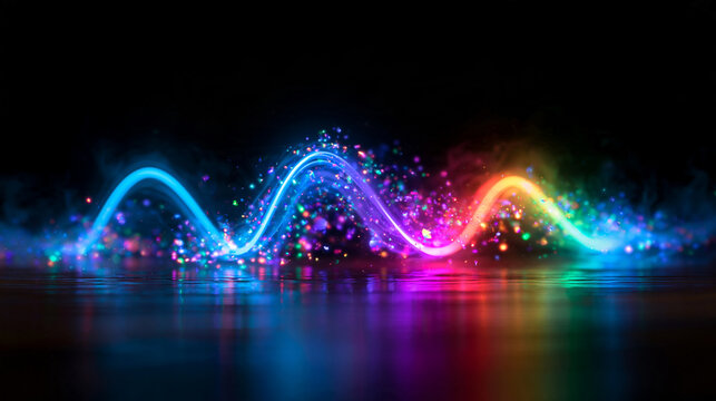 Neon Glowing Audio Sound Wave with Sparkling Light Particles