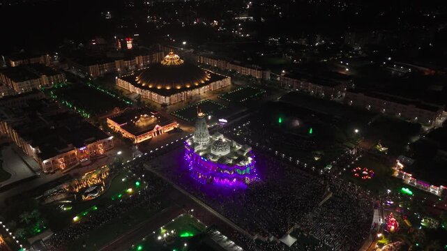 PREM MANDIR- AERIAL DRONE VIEW OF BEAUTIFULLY ILLUMINATED TEMPLE IN VRINDAVAN