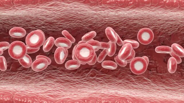 Iron deficiency anemia, showing red blood cells appearing smaller and paler than healthy cells while flowing through a realistic blood vessel