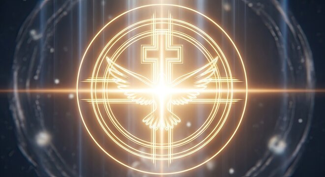 Radiant golden dove and cross religious symbol.