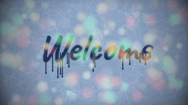 Digital art video clip showing the word Welcome being drawn with a stylus on a textured blue background with bokeh lights