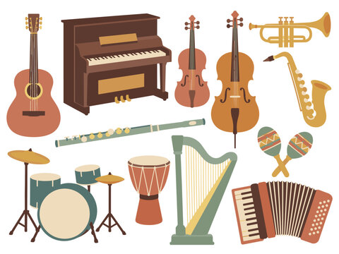 アコーディオン 音楽家の楽器とギター, ピアノや弦楽器を描いたイラストセット トランペット チェロ フルート サックス グラフィック