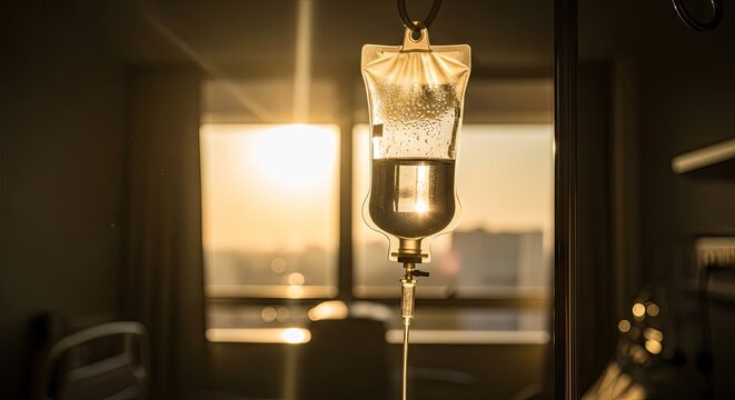 Medical IV drip bag hanging by window at sunset.
