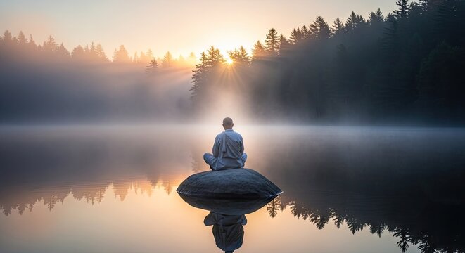 Person meditating on rock in misty lake at sunrise.