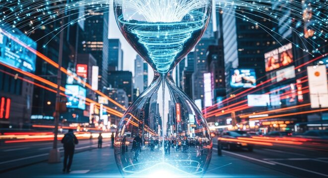 Digital hourglass in a futuristic neon city light trail.