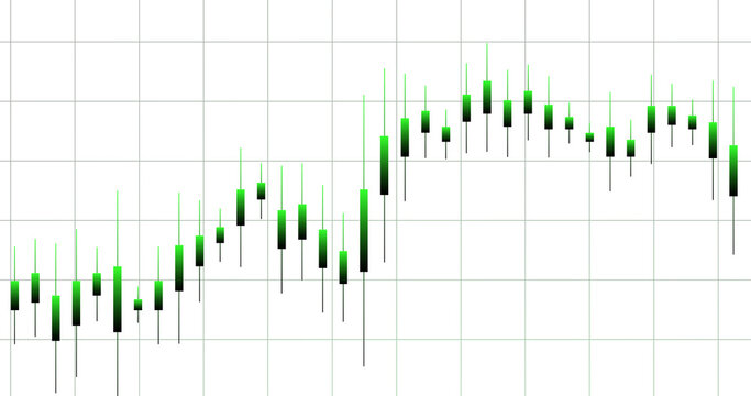 Vibrant green gradient candlesticks ascending over a gray grid, illustrating rising market momentum and volatile price swings for financial presentations