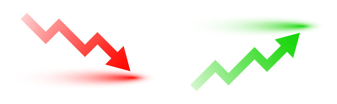 Glossy red downward and green upward zigzag arrows with soft glowing shadows, representing financial decline versus profit growth on a clean white background