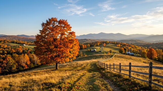 Autumnal new england landscape with vibrant foliage rolling hills and distant mountain range