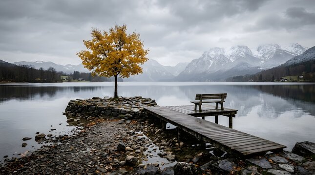 Serene lake scene with wooden dock and autumn tree