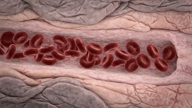 Tissue receiving reduced oxygen due to anemia, showing a small blood vessel with reduced red blood cell flow and surrounding tissue with visibly reduced oxygenation