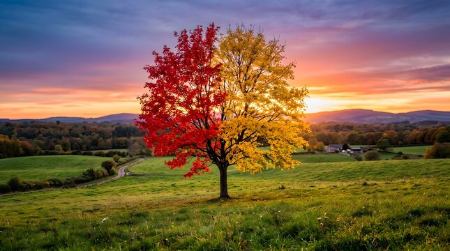 Vibrant autumn foliage a split color maple tree at sunset over rolling hills