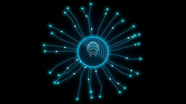 Digital biometric fingerprint identification interface cybernetic network nodes glowing abstract data flow