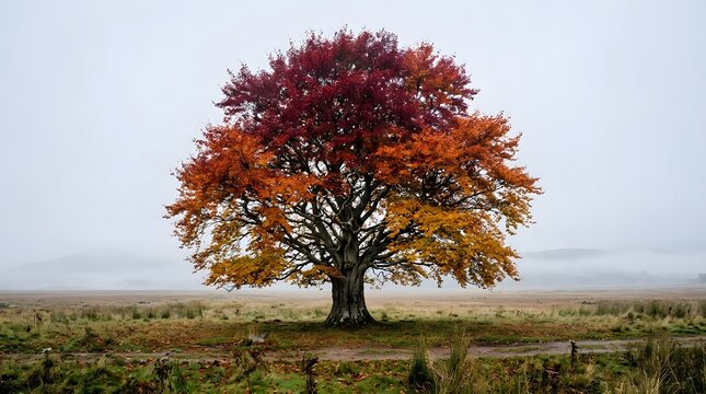 Vibrant autumn tree standing alone in a foggy field