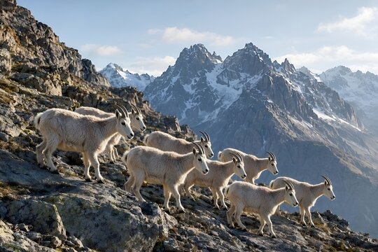 Majestic herd of white mountain goats standing on a rugged rocky slope with snow-capped alpine peaks in the background.