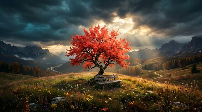 Vibrant red tree on a hill with a bench in a mountainous landscape