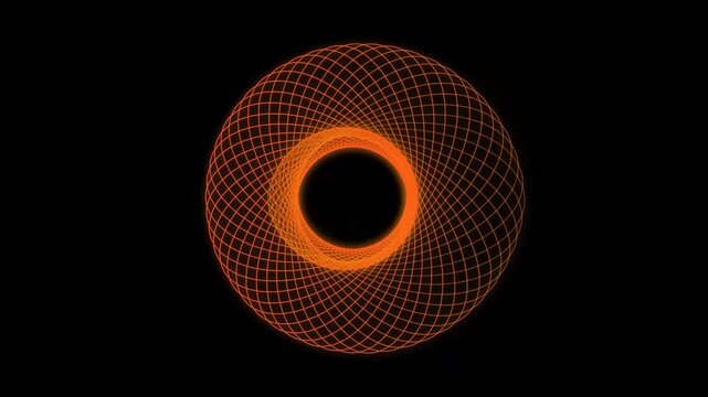 Abstract golden gyroscopic torus wireframe rotating motion loop against solid black background horizon with digital
