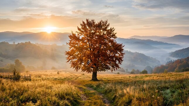 Golden hour serenity a lone tree in a misty autumn landscape