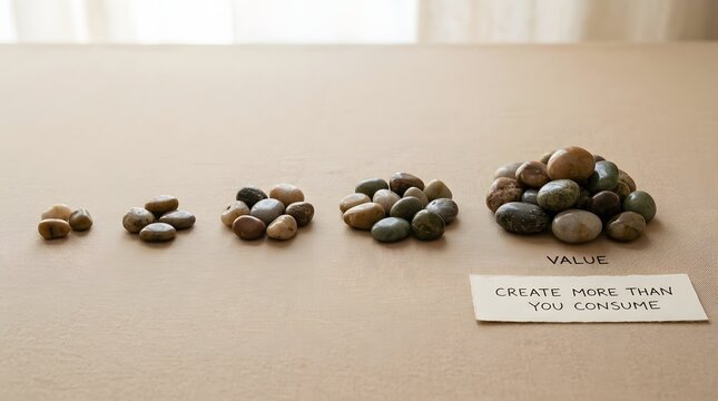 Minimalist Value Creation Metaphor with Increasing Piles of Smooth Stones and Motivational Note