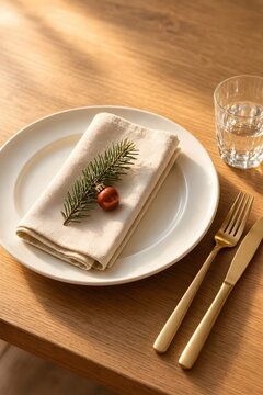 Elegant minimalist table setting with white ceramic plate linen napkin and green pine twig