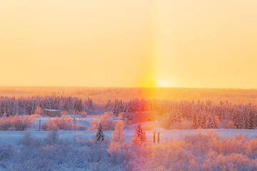 Beautiful sunset in the Arctic. Halo in the sky. View of a snowy forest. © lizavetta