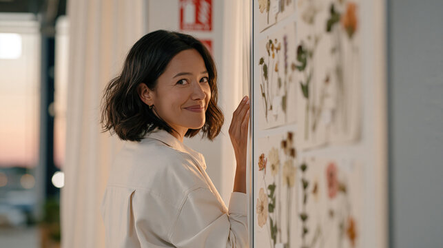 A weather presenter peers through a small curtain gap at a twilight broadcast studio exterior, pressed botanical flowers arranged as a set decoration detail, a safety sign mounted
