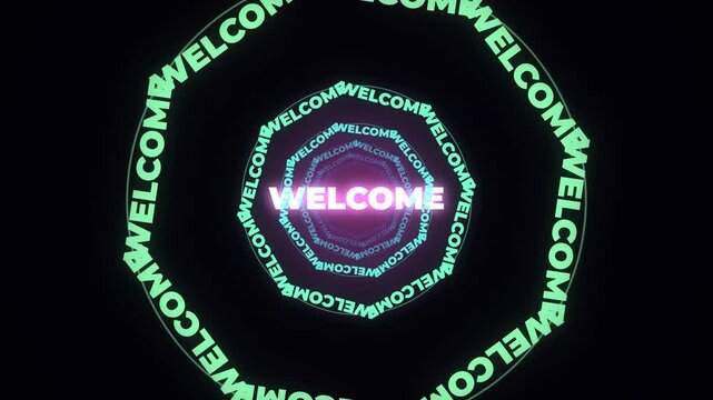 Abstract spiral tunnel with glowing neon welcome text in green and pink colors on black background