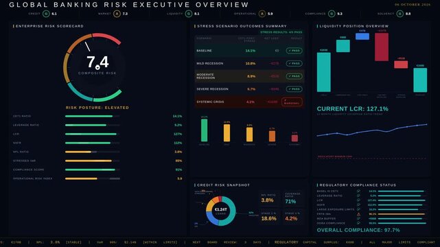 Experience the ultimate executive banking risk dashboard showcasing stress tests, liquidity, credit, and compliance metrics in a stunning 4K animated visualization for C-suite decision-making.