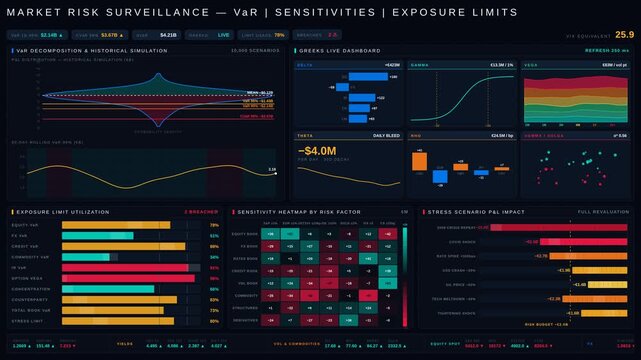 A dynamic and visually engaging market risk dashboard showcasing Value at Risk, sensitivities, and exposure limits in a dark and electric design, perfect for finance professionals.
