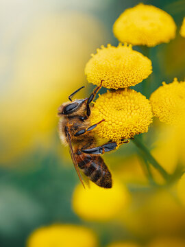 Honey bee (Apis mellifera) feeding on common tansy flowers, beautiful macro nature photo with bright yellow blooms, soft background, and shallow depth of field
