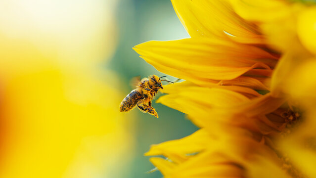 Honey bee (Apis mellifera) approaching bright yellow sunflower petals, beautiful macro nature photo with pollen-covered insect, soft background, and shallow depth of field