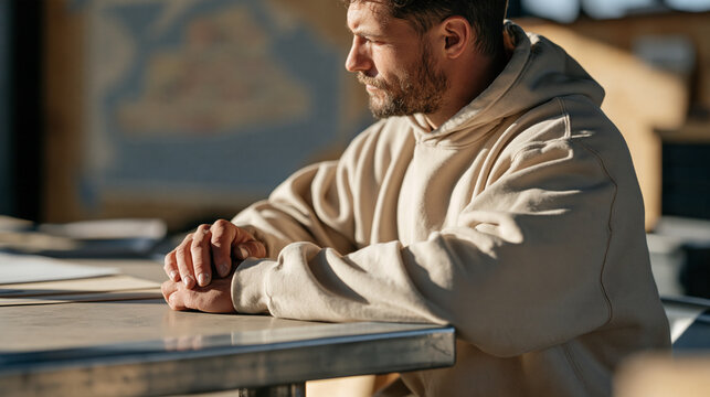 A young steel erection worker with chronic pain waits anxiously for structural load test results inside a warm site office, a faded regional map taped to the plywood wall,