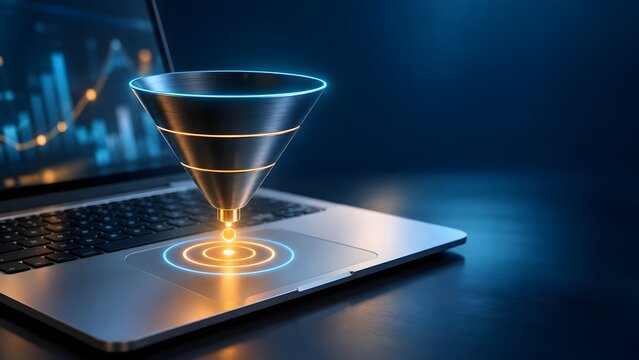 Metallic funnel hovering over laptop trackpad dropping glowing light with financial charts in background representing lead generation sales conversion and data filtering