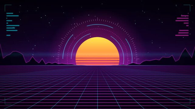 Cyberpunk neon grid with HUD rings and particle web, seamless loop